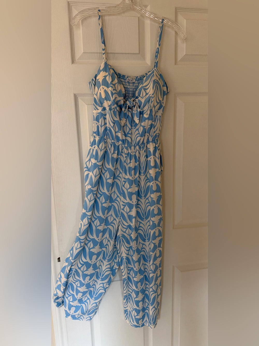 Blue & White Floral Tie-Front Maxi Jumpsuit.